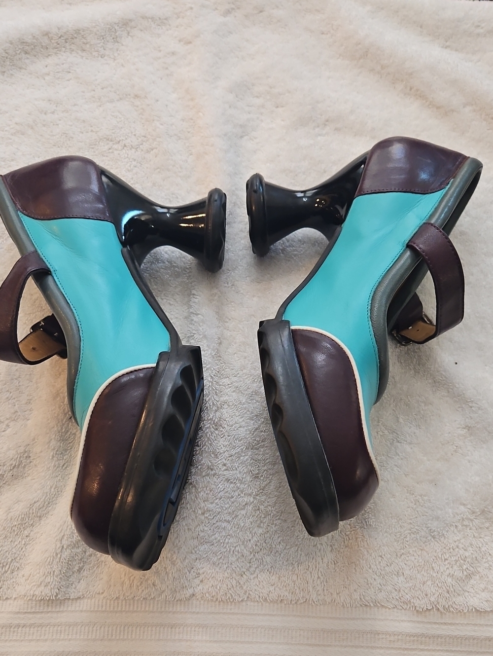 John Fluevog Aqua & Purple Mini gorgouse Mary Jane Heels Sz 10 - Picture 3 of 9